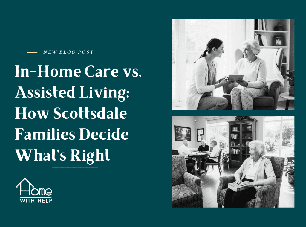 in-home care scottsdale vs assisted living with pictures of elderly people in both senarios