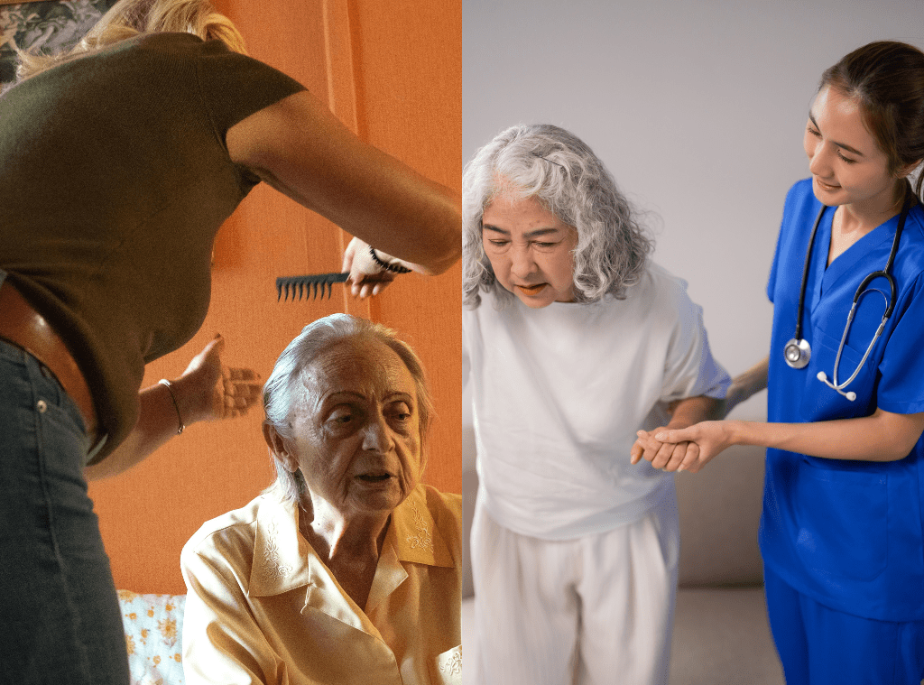 images of caregiver helping elderly woman brush hair and home health medical professional providing home health care to elderly woman